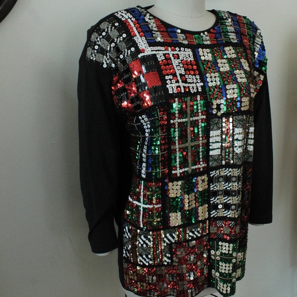 1980's Ugly Christmas Black Cedars Brand Sequinned Oversized Pullover Sweater - Picture 1 of 8